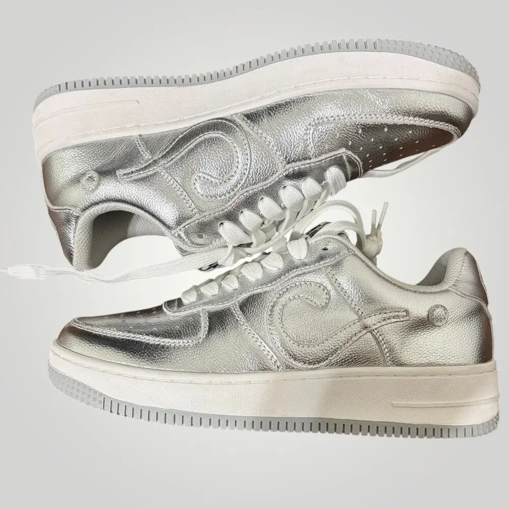 Who Knows Brand Type-1 Silver Metallic Sneakers Size 6 Chrome Question Mark Rare